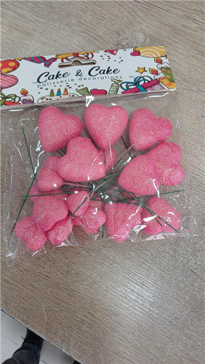 Pasta Üstü Kalp Süs Simli Canlı Pembe