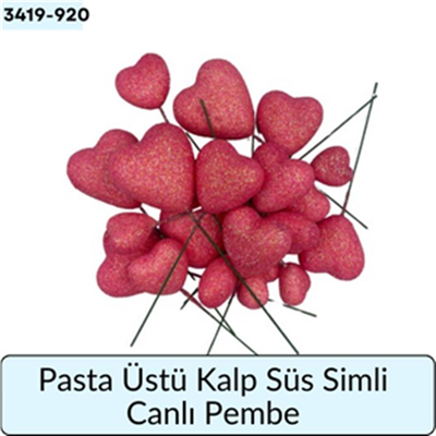 Pasta Üstü Kalp Süs Simli Canlı Pembe