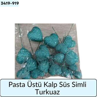 Pasta Üstü Kalp Süs Simli Turkuaz