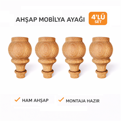 M08 - Dekoratif Ahşap Ayak | Retro Ayak | Kayın Ahşap 4'Lü Set – 12 cm