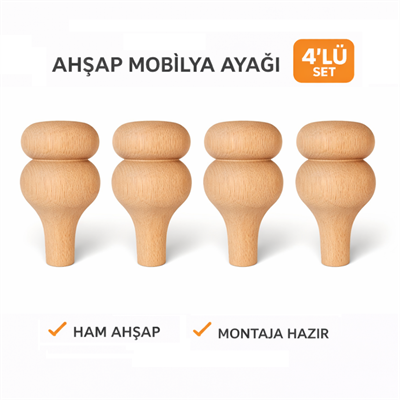 M09 - Klasik Mobilya Ayağı | Topuz Ayak | Kayın Ahşap 4'Lü Set – 12 cm