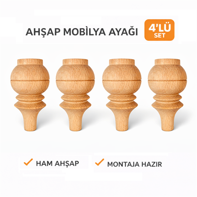 M10 - Retro Mobilya Ayağı | Küre ayak | Kayın Ahşap 4'Lü Set – 12 cm 