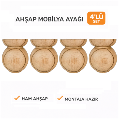 M66 - Küre Ayak | Ahşap Top Ayak | Kayın 4'Lü Set – 8 cm