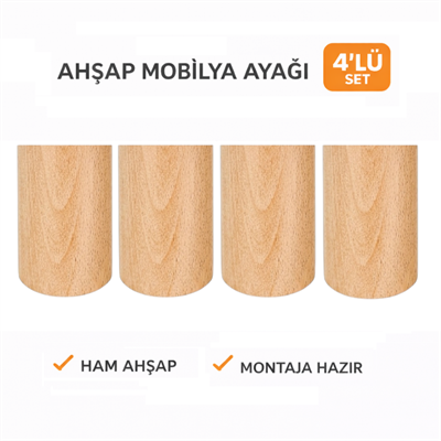 M68 - Yuvarlak Silindir Ayak | Düz Ayak | 4'Lü Set – 8 cm Kayın