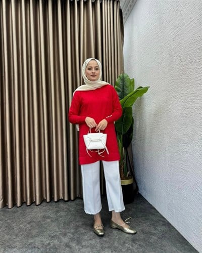 Desenli Merserize Tunik Kırmızı