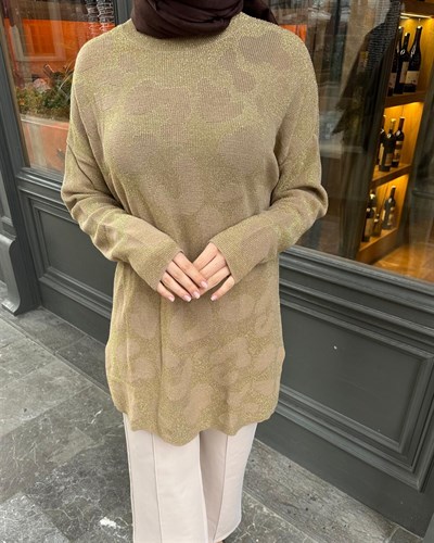 Leopar Desenli Simli Kazak | Gold