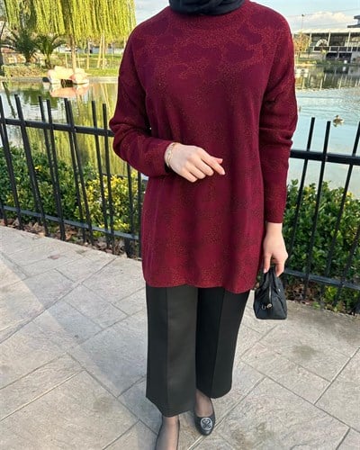 Leopar Desenli Simli Kazak | Bordo
