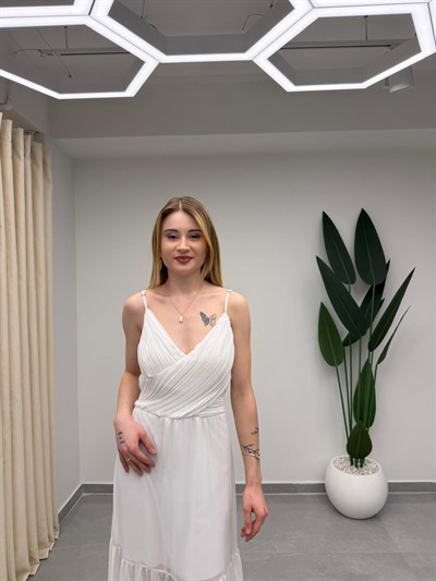 Askılı Sırt Detaylı Şifon Elbise Beyaz