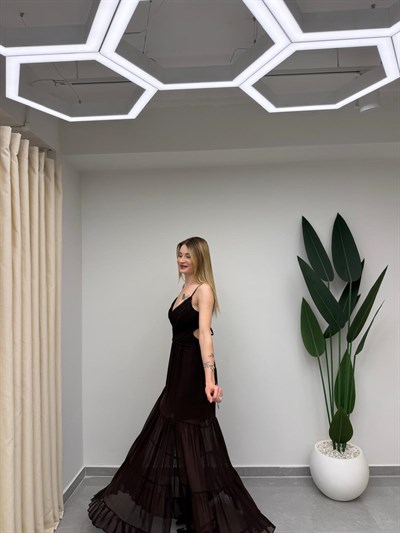 Askılı Sırt Detaylı Şifon Elbise Kahve