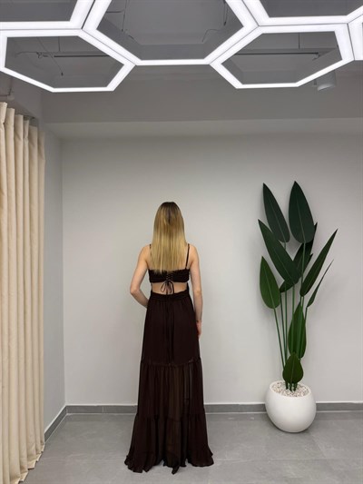 Askılı Sırt Detaylı Şifon Elbise Kahve