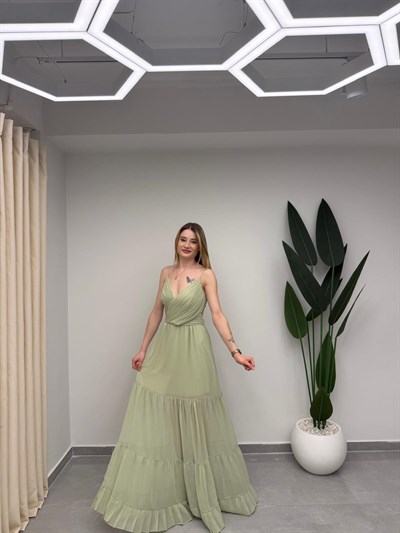 Askılı Sırt Detaylı Şifon Elbise Mint Yeşil