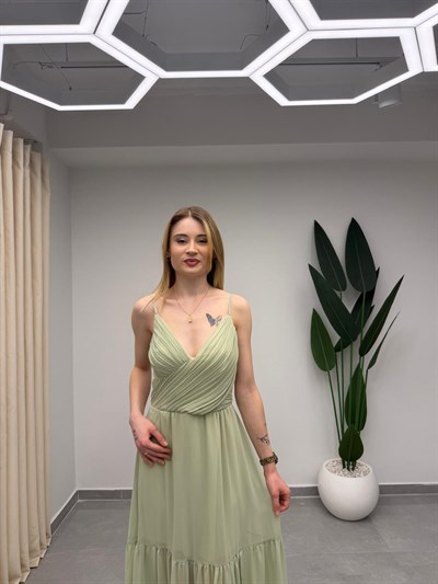 Askılı Sırt Detaylı Şifon Elbise Mint Yeşil
