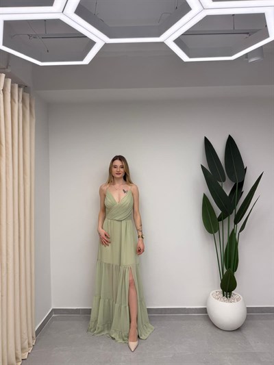 Askılı Sırt Detaylı Şifon Elbise Mint Yeşil