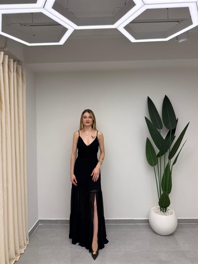 Askılı Sırt Detaylı Şifon Elbise Siyah