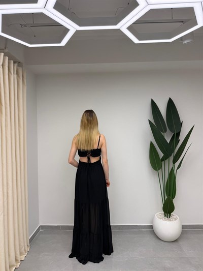 Askılı Sırt Detaylı Şifon Elbise Siyah