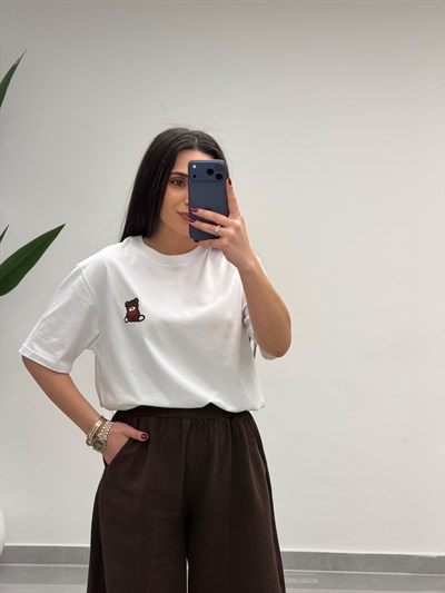 Ayıcık Nakışlı Tişört Beyaz