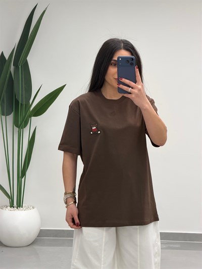 Ayıcık Nakışlı Tişört Kahve