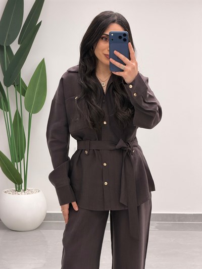 Bağlamalı Gömlek Pantolon Tensel Takım Kahve