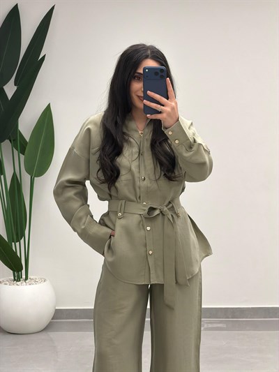Bağlamalı Gömlek Pantolon Tensel Takım Çağla Yeşili