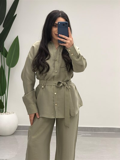 Bağlamalı Gömlek Pantolon Tensel Takım Çağla Yeşili