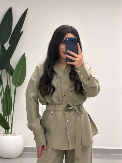 Bağlamalı Gömlek Pantolon Tensel Takım Çağla Yeşili