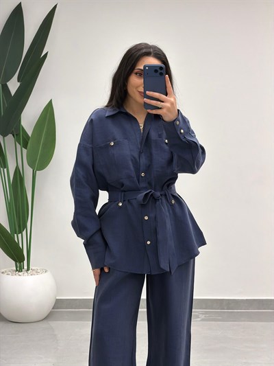 Bağlamalı Gömlek Pantolon Tensel Takım Lacivert