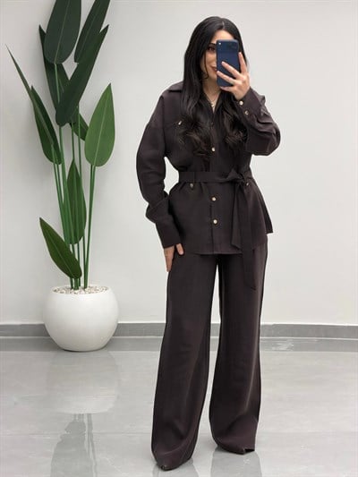 Bağlamalı Gömlek Pantolon Tensel Takım Kahve