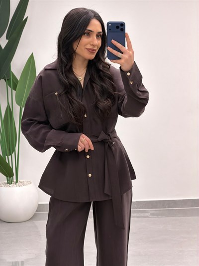 Bağlamalı Gömlek Pantolon Tensel Takım Kahve