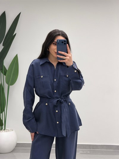 Bağlamalı Gömlek Pantolon Tensel Takım Lacivert