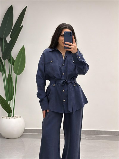 Bağlamalı Gömlek Pantolon Tensel Takım Lacivert