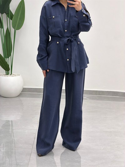 Bağlamalı Gömlek Pantolon Tensel Takım Lacivert