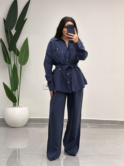 Bağlamalı Gömlek Pantolon Tensel Takım Lacivert