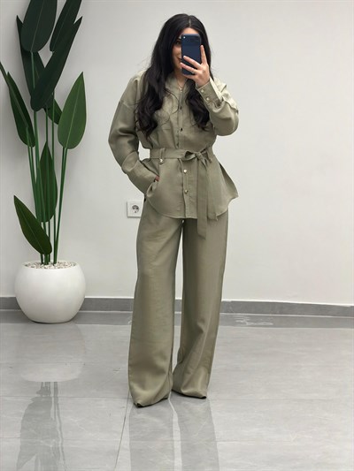 Bağlamalı Gömlek Pantolon Tensel Takım Çağla Yeşili