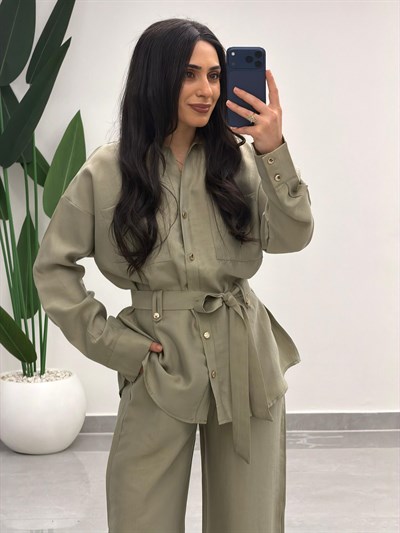 Bağlamalı Gömlek Pantolon Tensel Takım Çağla Yeşili