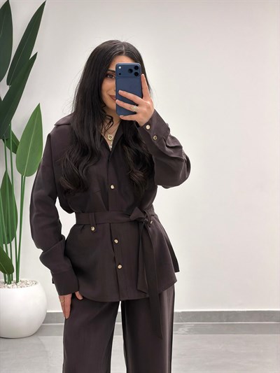 Bağlamalı Gömlek Pantolon Tensel Takım Kahve