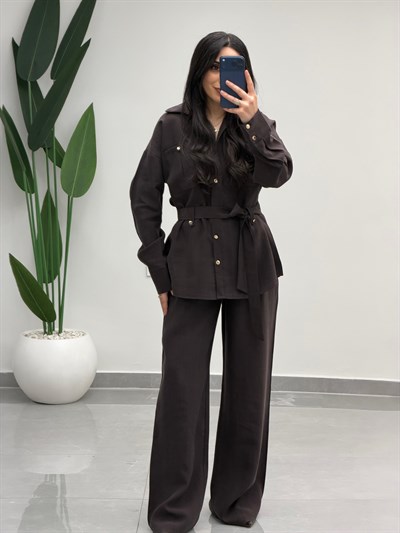 Bağlamalı Gömlek Pantolon Tensel Takım Kahve