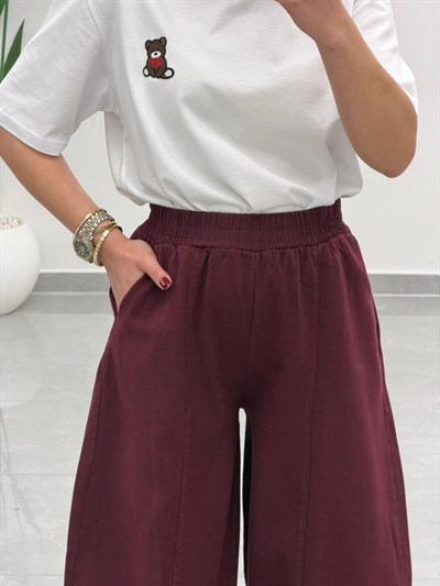 Balon Kesim Yüksek Bel Gabardin Pantolon Bordo