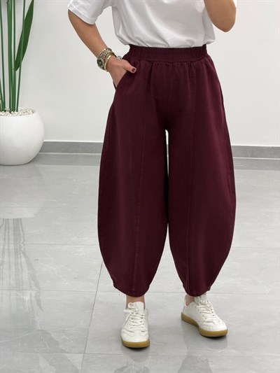 Balon Kesim Yüksek Bel Gabardin Pantolon Bordo