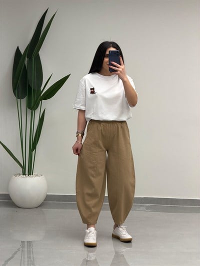 Balon Kesim Yüksek Bel Gabardin Pantolon Camel