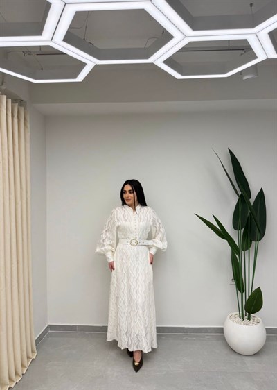 Balon Kol Kemerli Elbise Ekru