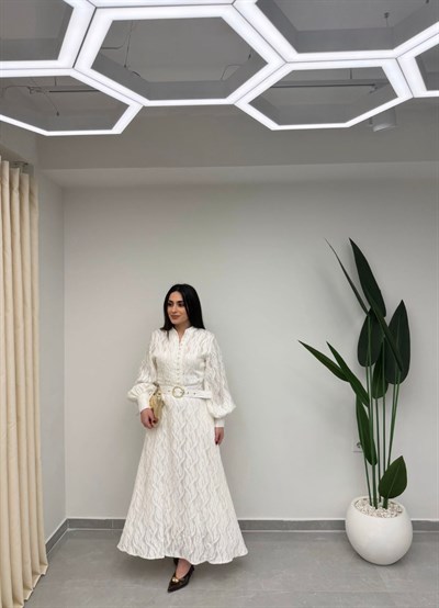 Balon Kol Kemerli Elbise Ekru