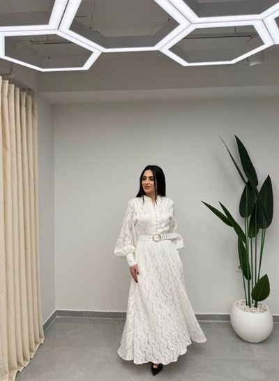 Balon Kol Kemerli Elbise Ekru