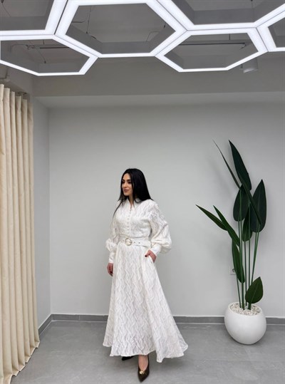 Balon Kol Kemerli Elbise Ekru