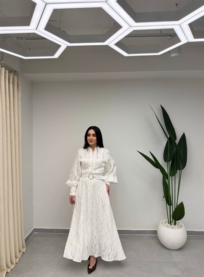 Balon Kol Kemerli Elbise Ekru