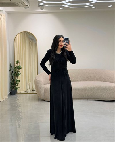 Bel Büzgülü Elbise Siyah