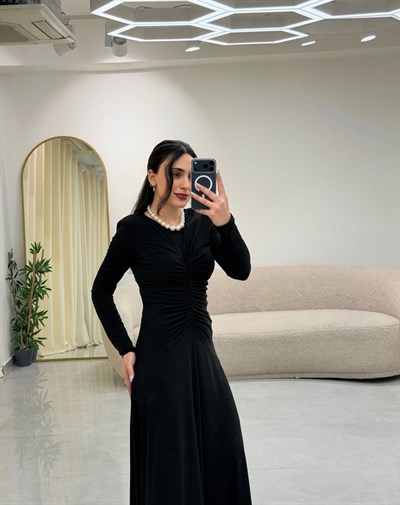 Bel Büzgülü Elbise Siyah