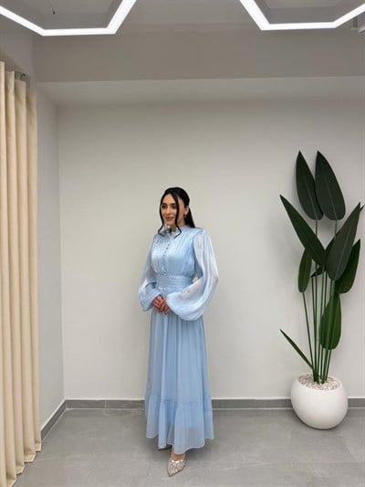 Bel Büzgülü Tasarım Elbise Bebe Mavi