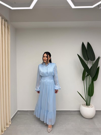 Bel Büzgülü Tasarım Elbise Bebe Mavi