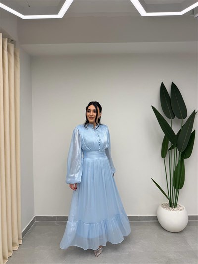 Bel Büzgülü Tasarım Elbise Bebe Mavi