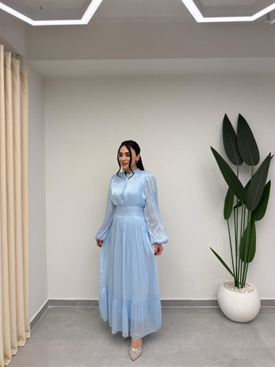 Bel Büzgülü Tasarım Elbise Bebe Mavi